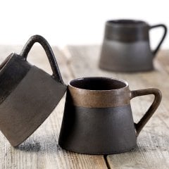 Anatolian Stone Seramik Mug Fincan/Antrasit Zemin+Naturel Bej Şerit