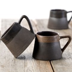 Anatolian Stone Seramik Mug Fincan/Antrasit Zemin+Naturel Bej Şerit