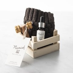 Hediye Küçük Ahşap Kasa2/Aromaterapi Yağ+Yüz Masaj Aleti+Örme Kese Ekru