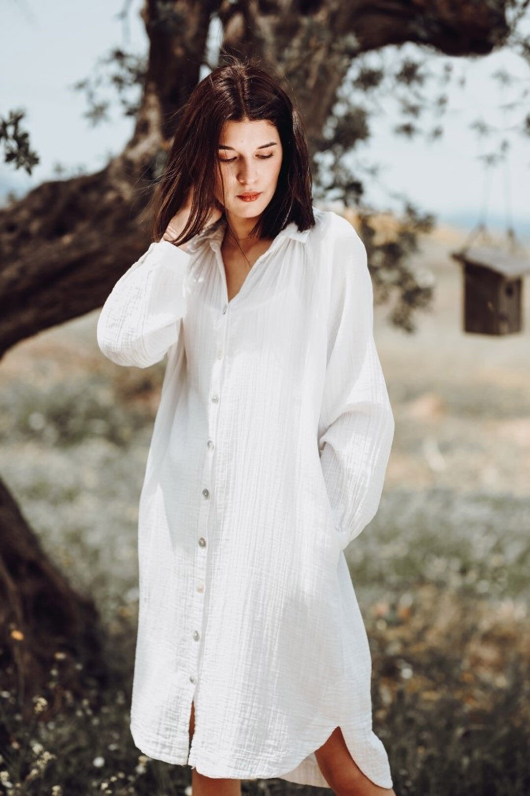 Müslin Gömlek Elbise/Beyaz