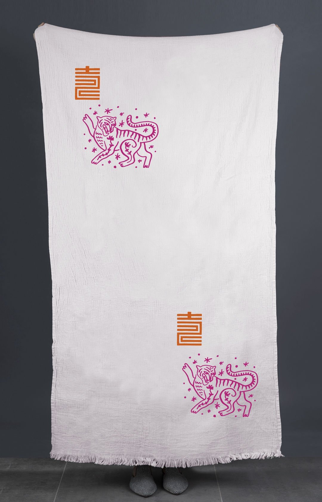 Asia Tiger Tahta Baskı Peştemal/Ekru-Fuşya