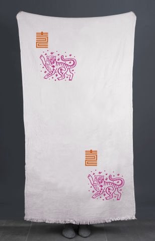 Asia Tiger Tahta Baskı Peştemal/Ekru-Fuşya