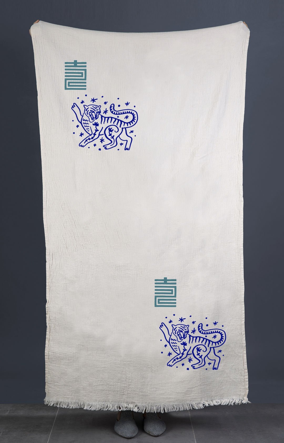 Asia Tiger Tahta Baskı Peştemal/Ekru-Parlement Mavi