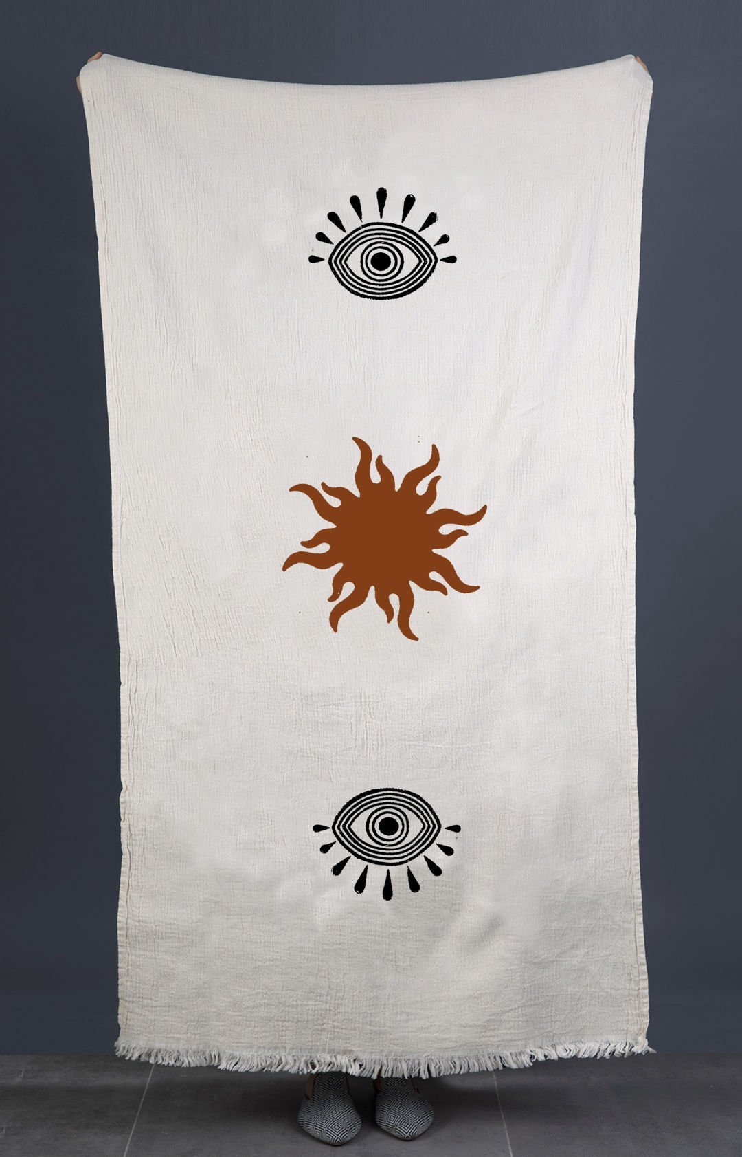 Eyes & Sun Tahta Baskı Peştemal/Siyah-Kiremit