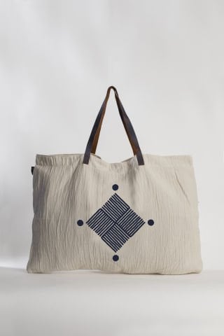 Baklava Deri Saplı Tahta Baskı Büyük Çanta /İndigo