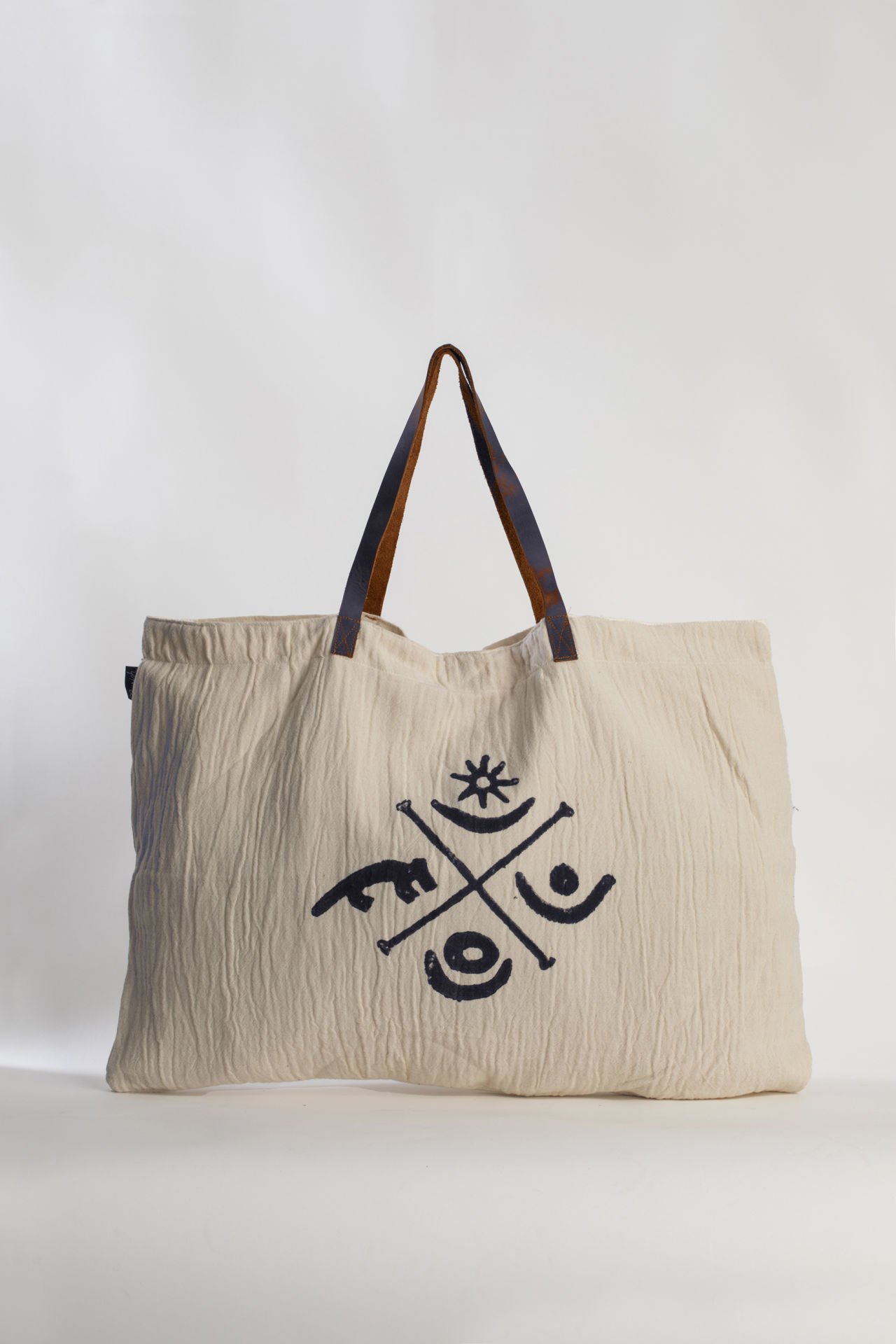 Göbeklitepe Deri Saplı Tahta Baskı Büyük Çanta /Antrasit