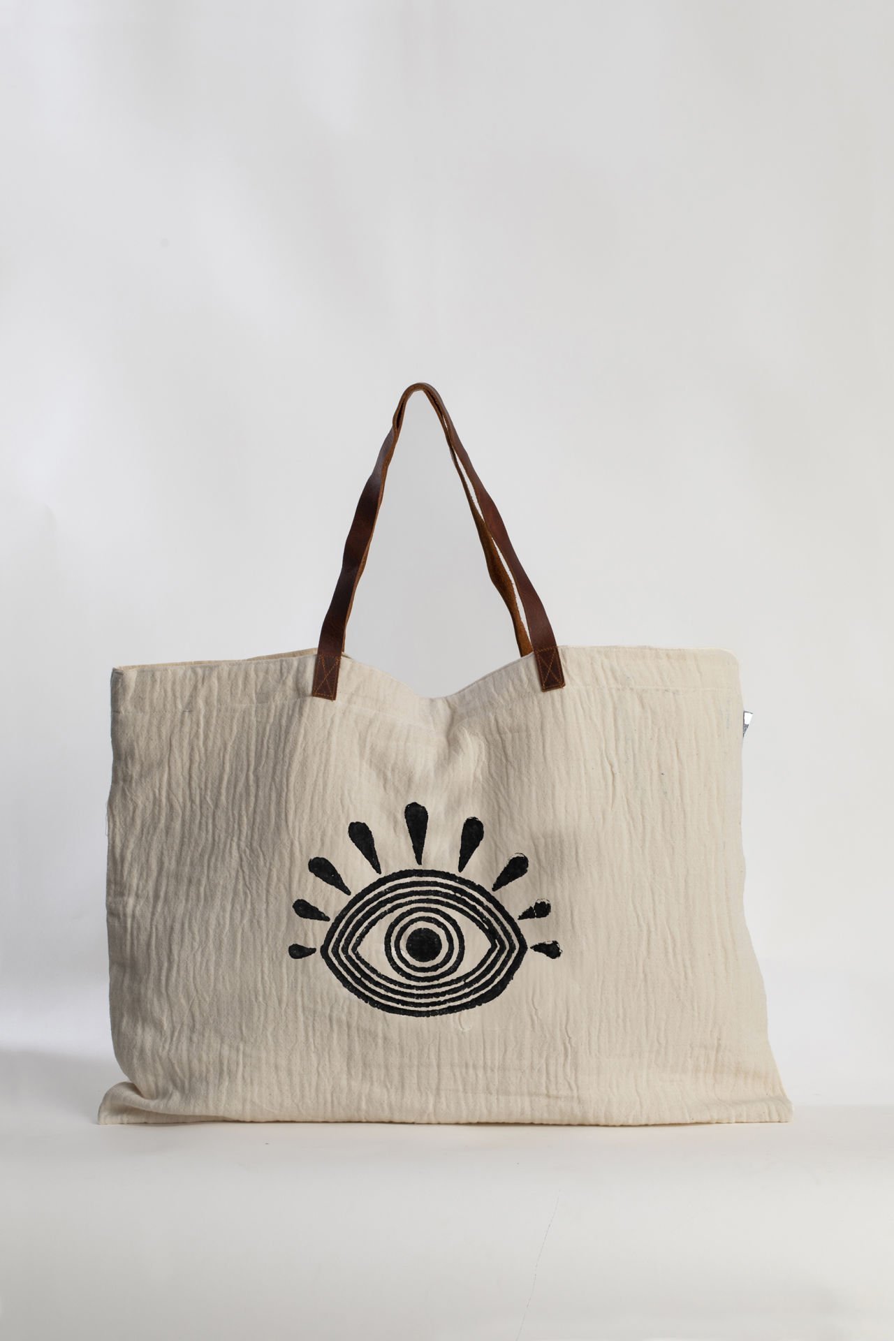 Eyes Deri Saplı Tahta Baskı Büyük Çanta /Antrasit