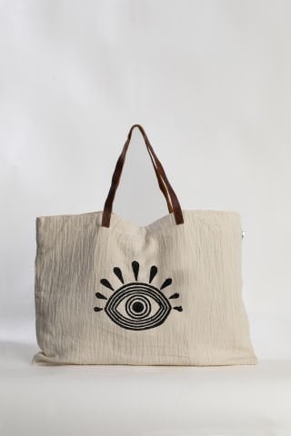 Eyes Deri Saplı Tahta Baskı Büyük Çanta /Antrasit