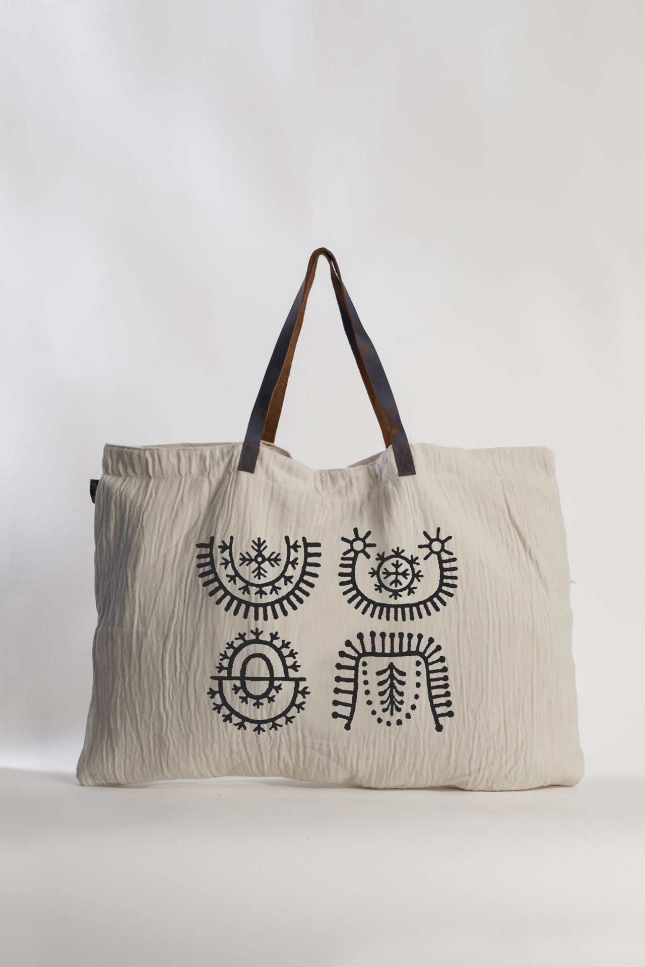 Tatoo Deri Saplı Tahta Baskı Büyük Çanta /Siyah