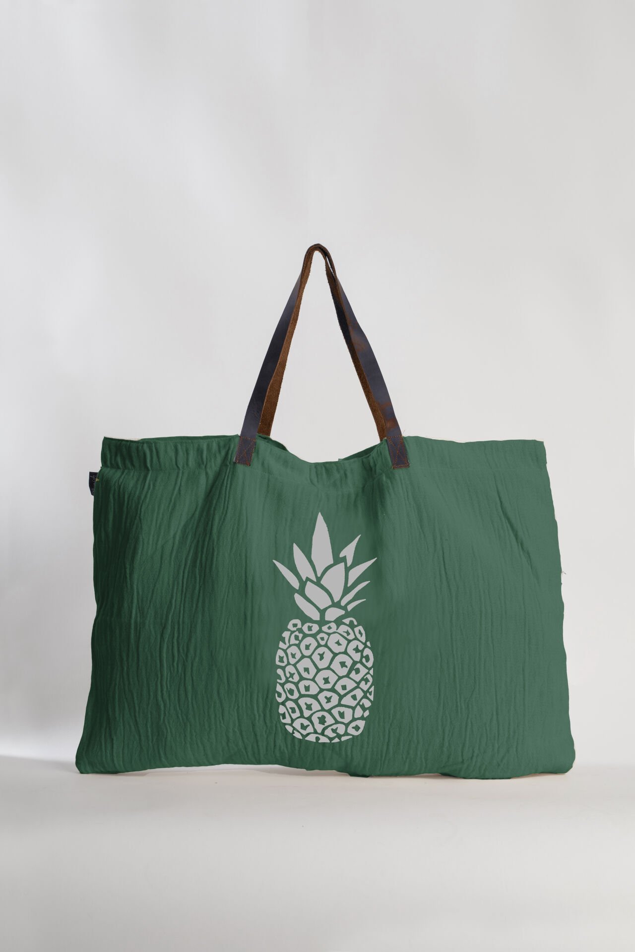 Ananas Deri Saplı Tahta Baskı Büyük Çanta /Yeşil-Beyaz