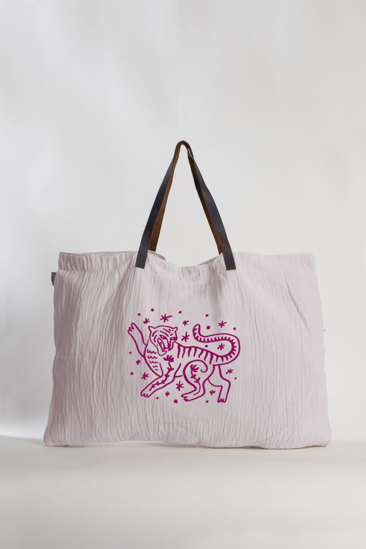 Asia Tiger Deri Saplı Tahta Baskı Büyük Çanta /Pudra-Fuşya