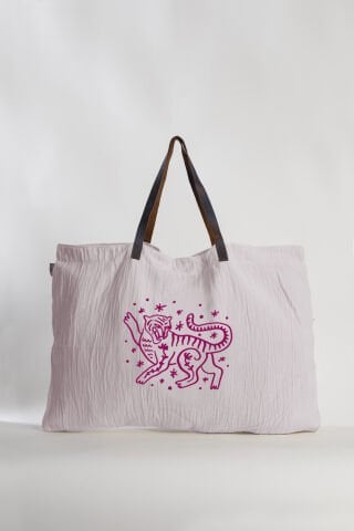 Asia Tiger Deri Saplı Tahta Baskı Büyük Çanta /Pudra-Fuşya