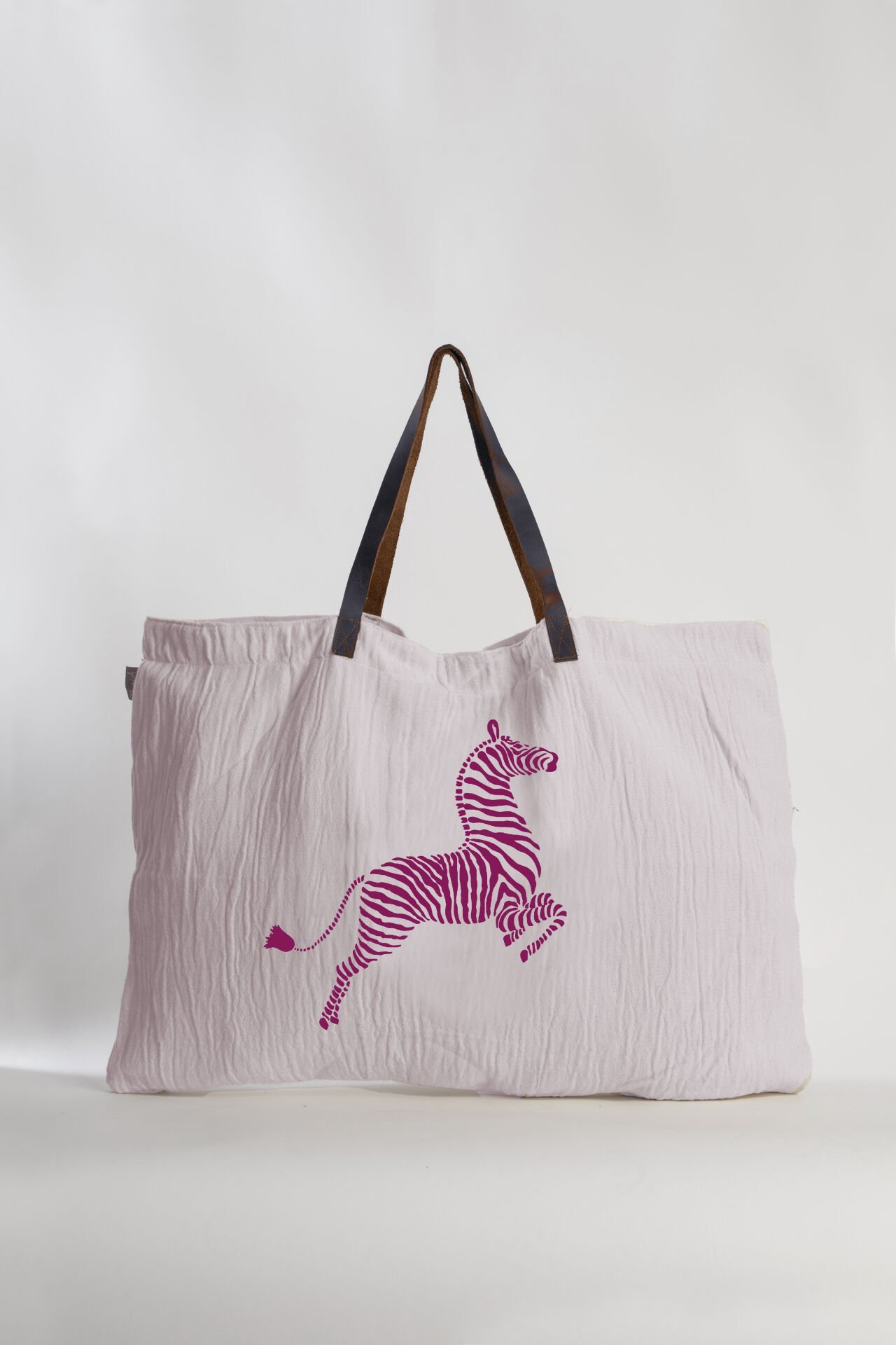 Zebra Deri Saplı Tahta Baskı Büyük Çanta /Pudra-Fuşya