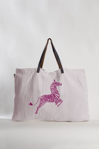 Zebra Deri Saplı Tahta Baskı Büyük Çanta /Pudra-Fuşya