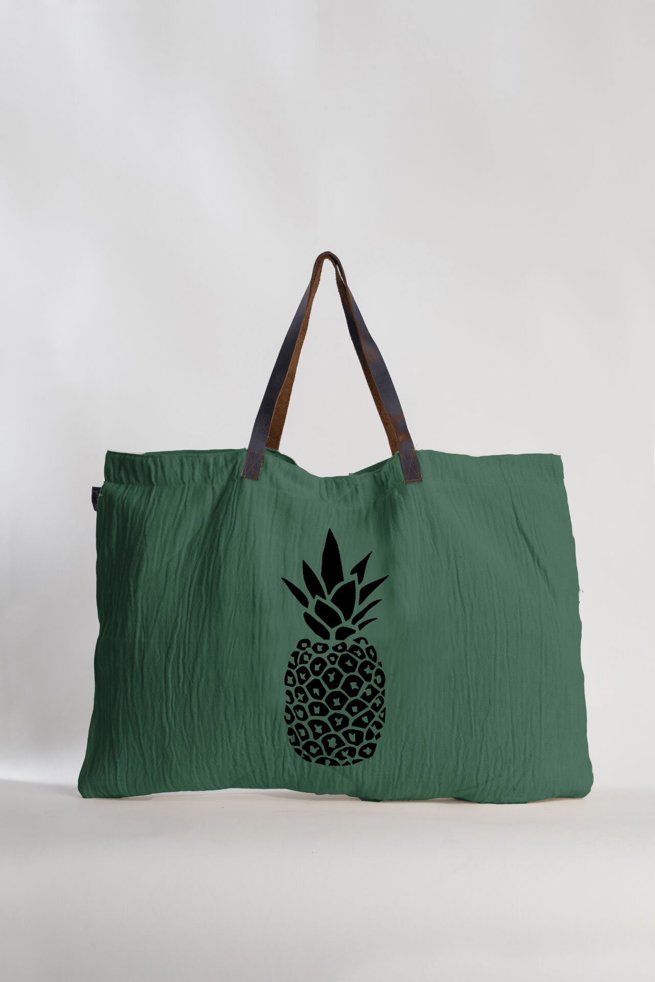 Ananas Deri Saplı Tahta Baskı Büyük Çanta /Yeşil-Siyah