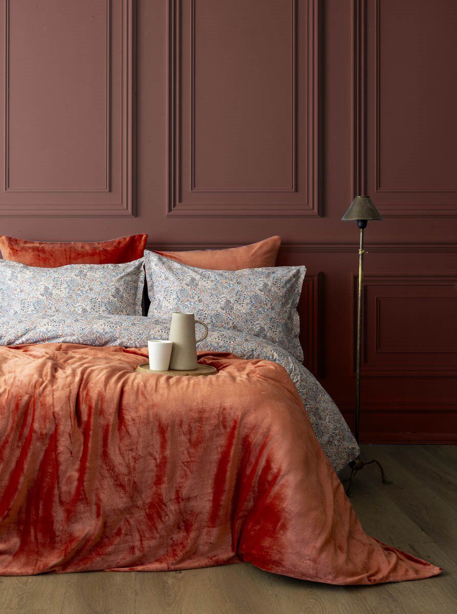 Çift Kişilik Lona Kiremit Kadife Battaniyeli Nevresim Takımı